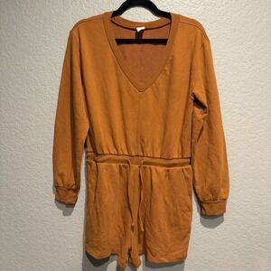 Melrose And Market Long Sleeve V-neck Romper Women S Mustard Tie-Waist Cotton